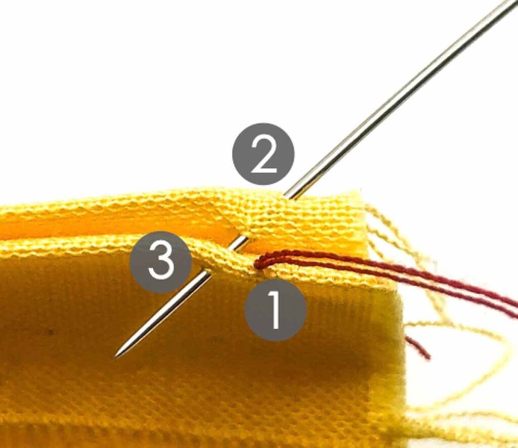 bringing needle diagonally from back to front fabric edge