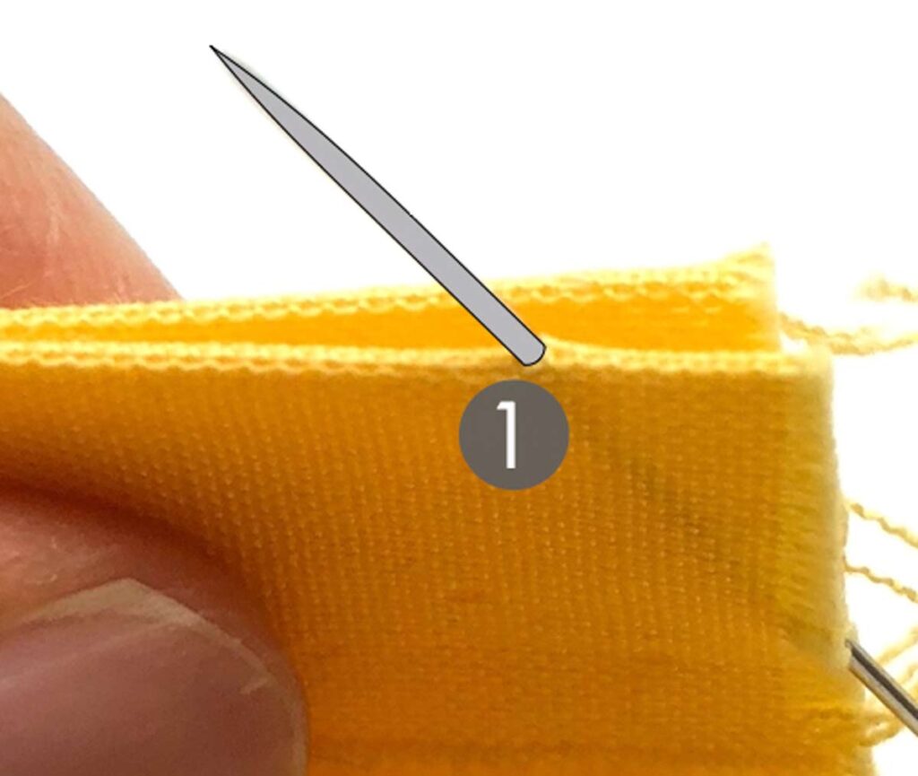 poking needle through front fabric edge.