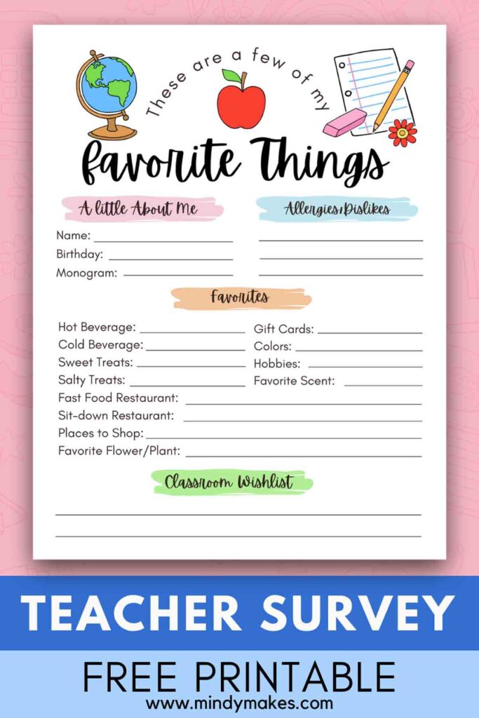 Teacher Favorite Things Printable Form Pinterest Image