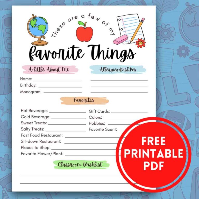 FREE! Printable Teacher Favorite Things