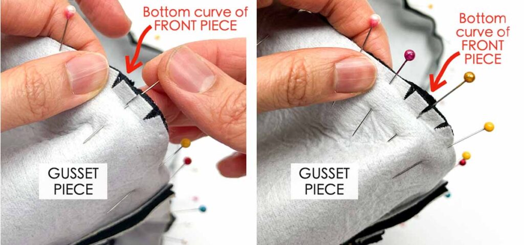 pinning a straight piece of fabric to a curve. make snips to ease around the corner before pinning.