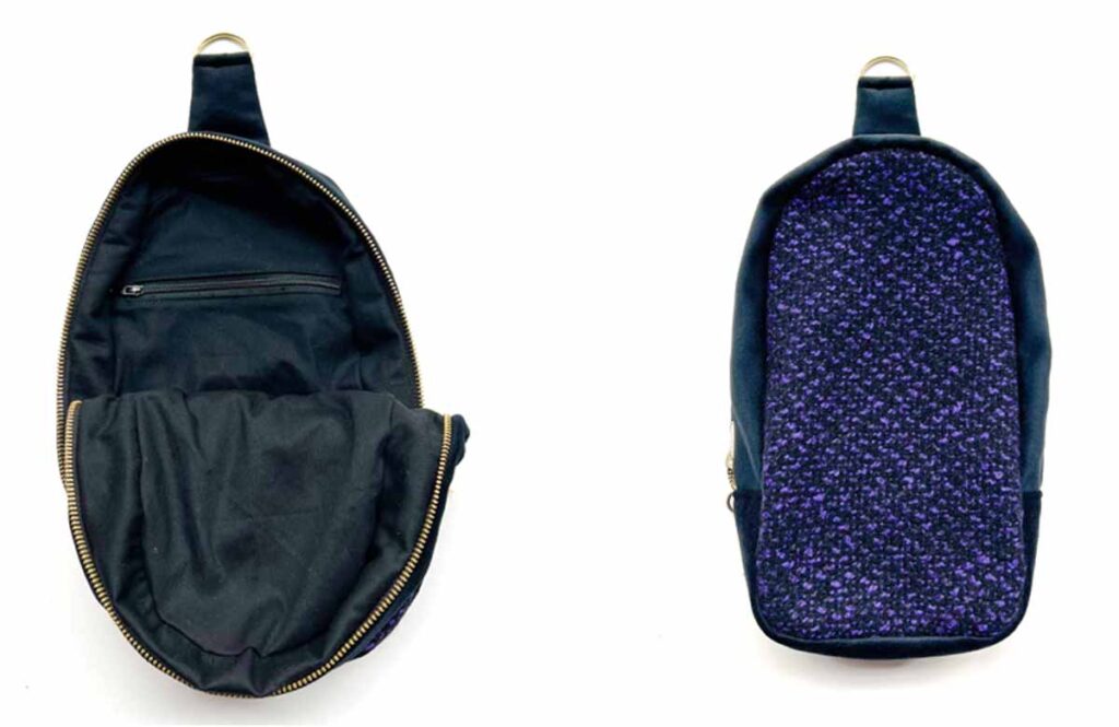 Sling Bag Pattern. interior and exterior of finished sling bag