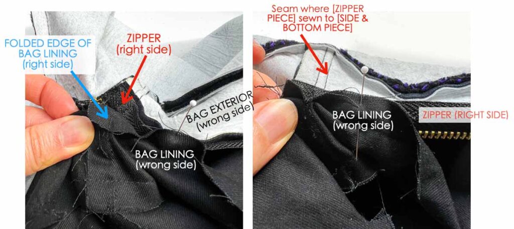 how to start pinning bag lining to bag exterior zipper