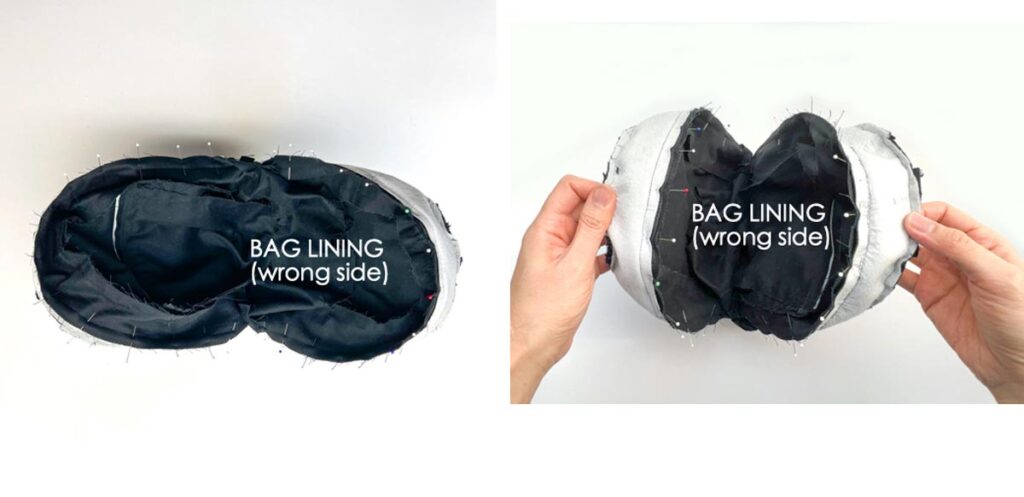 Sling Bag Pattern. bag lining pinned to bag exterior, right sides together