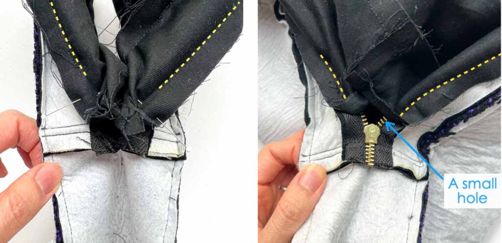 where to sew sling bag lining to exterior bag zipper with a small hole at the end.