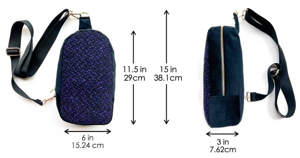 Front and side measurements of sling bag 