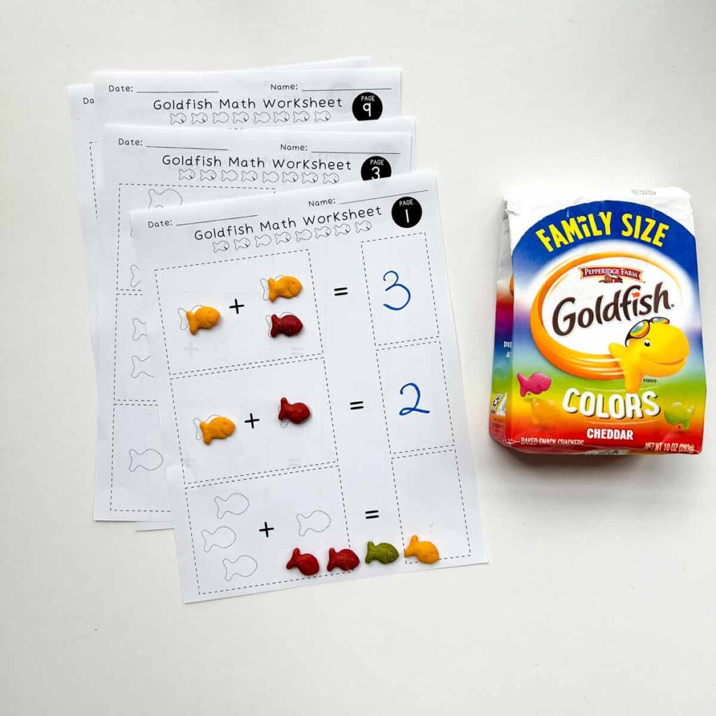 addition for kindergarten. goldfish math worksheet with a family size pack of colored goldfish