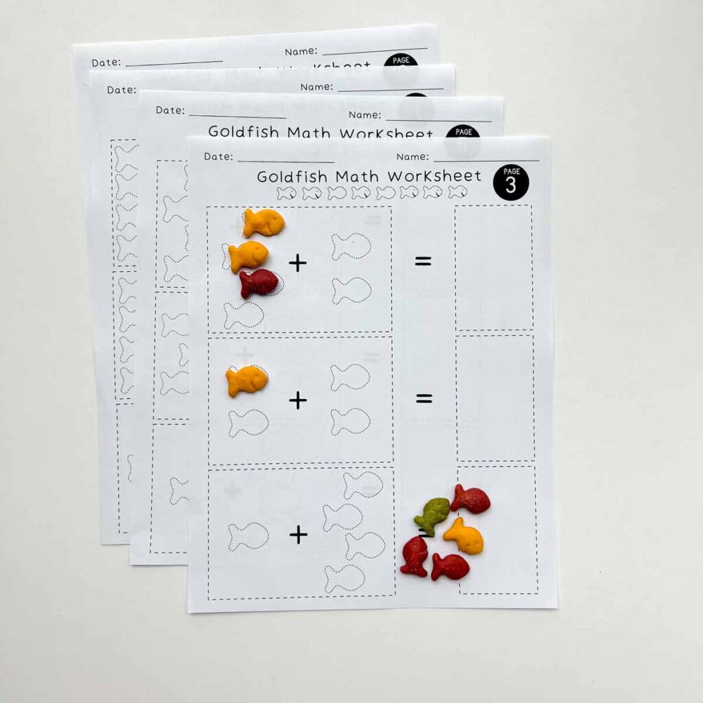 Goldfish addition worksheets for preschool page 3 with goldfish placed in outline