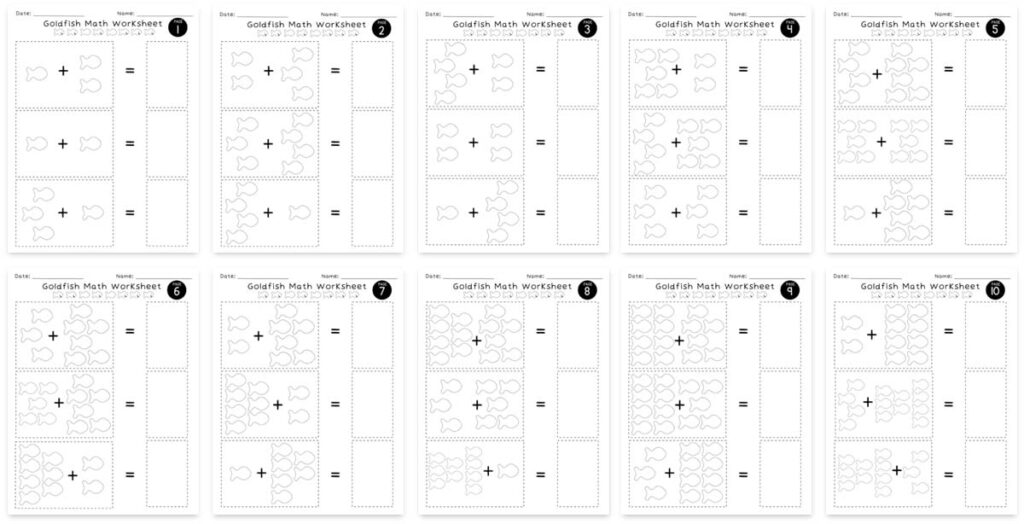 Shows all 10 worksheets in the PDF file. Goldfish addition worksheets for preschool.