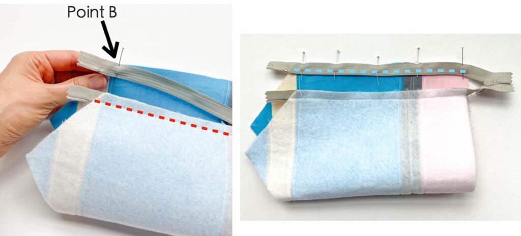 Sewing zipper onto exterior piece. Pencil case sewing pattern