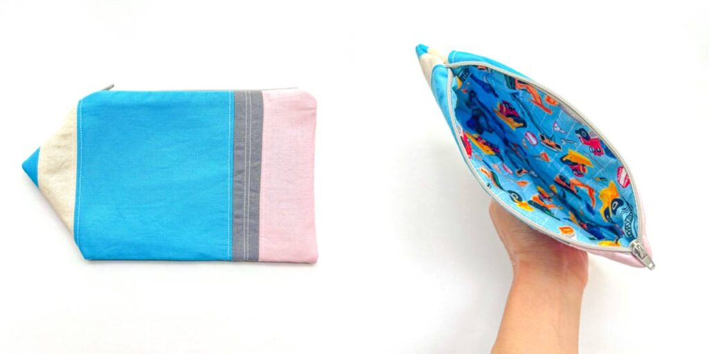 finished pencil shaped pouch, made with pencil case sewing pattern.