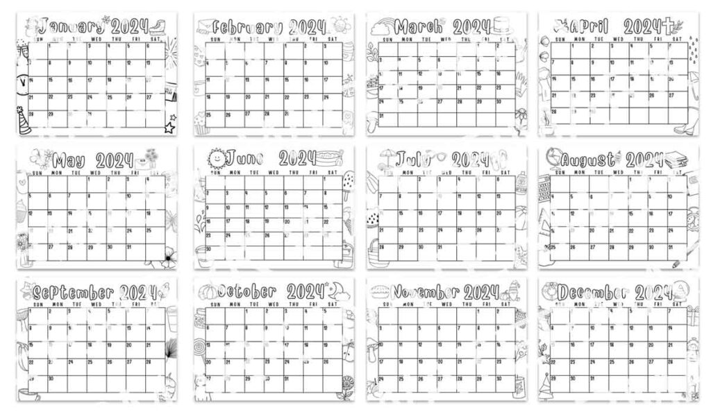 2024 Printable dated calendar for kids