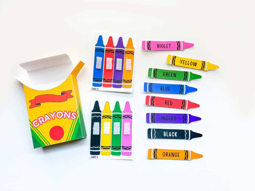 crayons color match activity finished, with crayon box. 