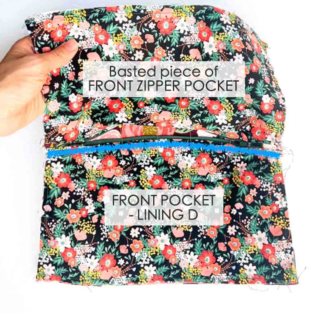 sewing front pocket-lining D down to exterior fabric piece A
