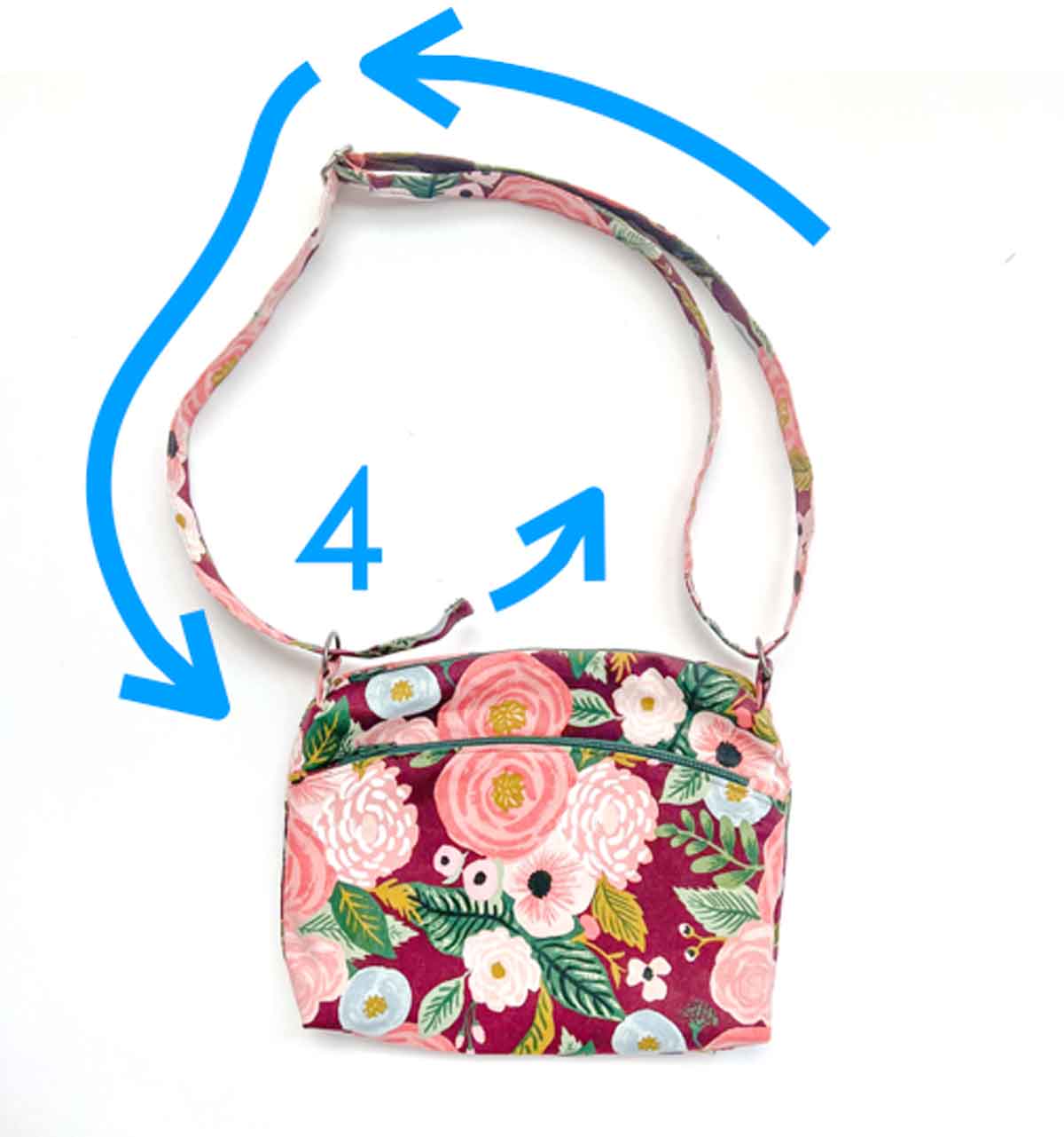 sequence of how to thread bag strap through D ring and bag slider (continued).