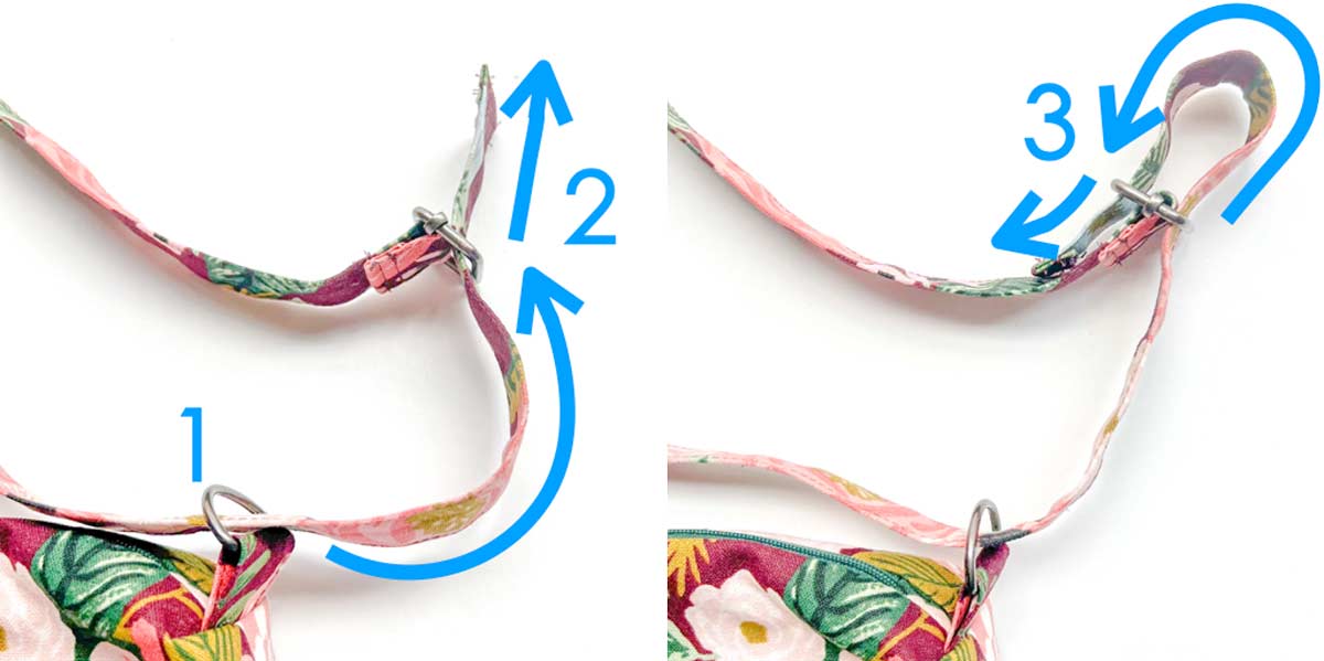 sequence of how to thread bag strap through D ring and bag slider