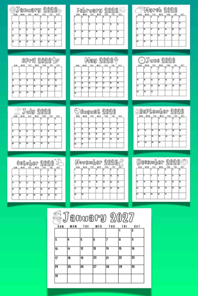2026 monthly printable calendar dated