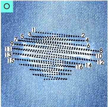 making horizontal stitches over jeans hole.