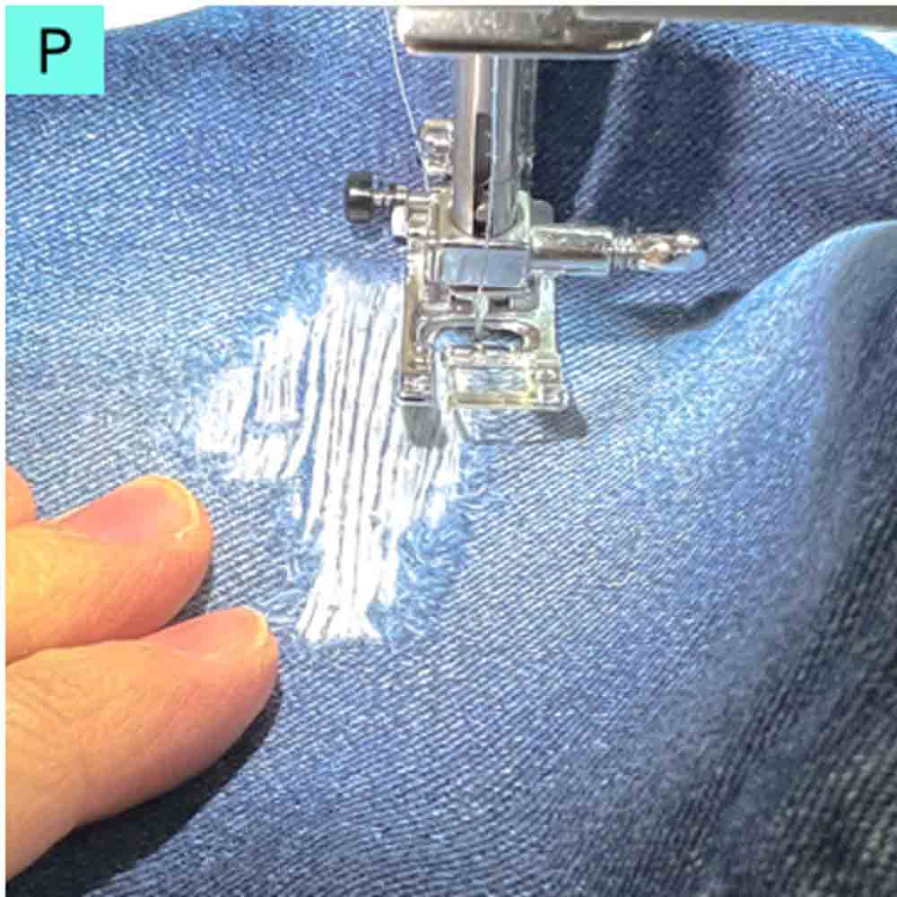 making horizontal stitches over jeans hole.
