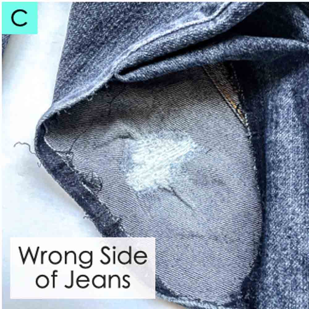 view of jeans hole from wrong side of jeans