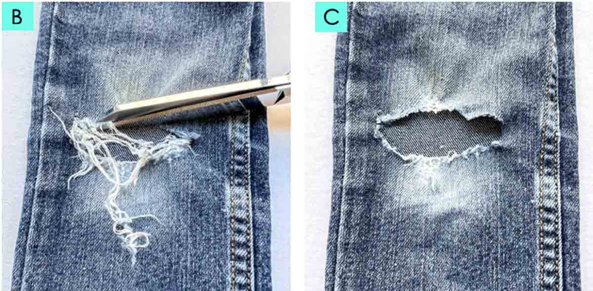 trimming off excess thread from jeans hole. How to Repair a Hole in Jeans