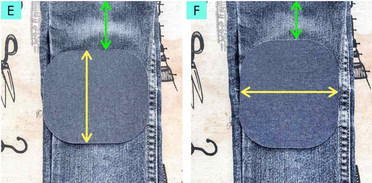 checking grain of patch versus fabric grain of jeans