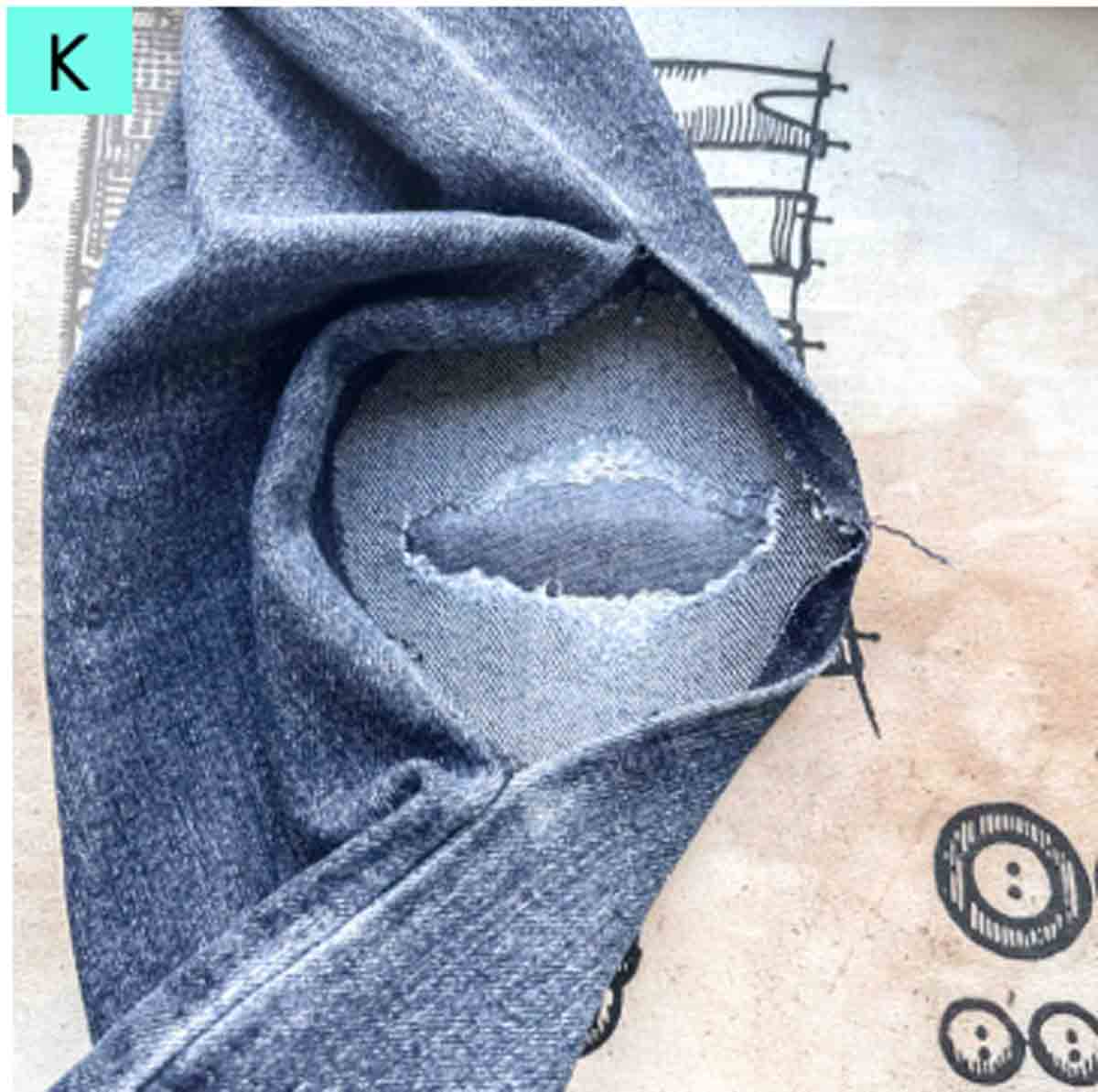 jeans hole viewed from inside with patch fused on right side