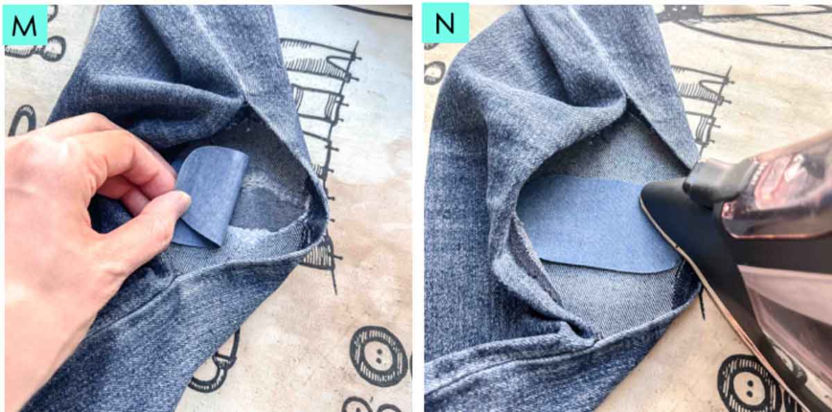 applying denim patch to inside of jeans hole.
