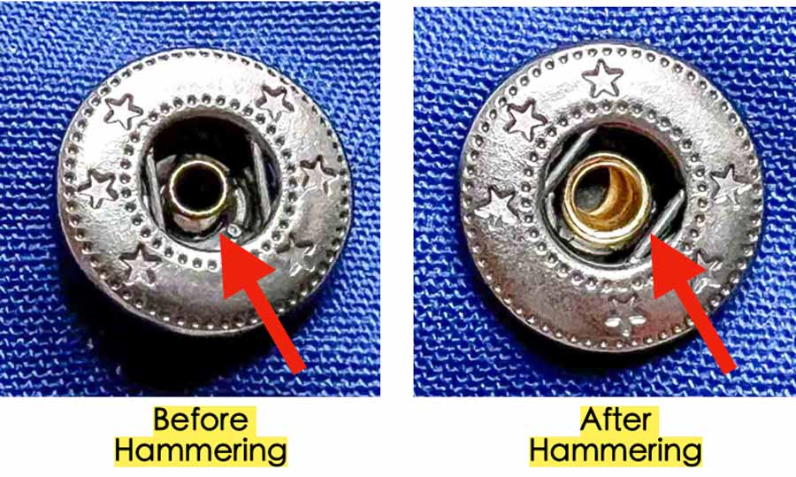 before and after snap socket has been installed. How to install snaps to fabric. 