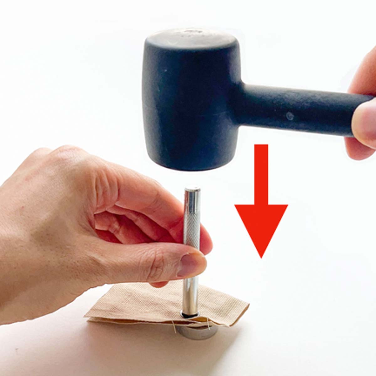 Step-by-step snap fastener installation tutorial - hammering snap stud down with concave install tool