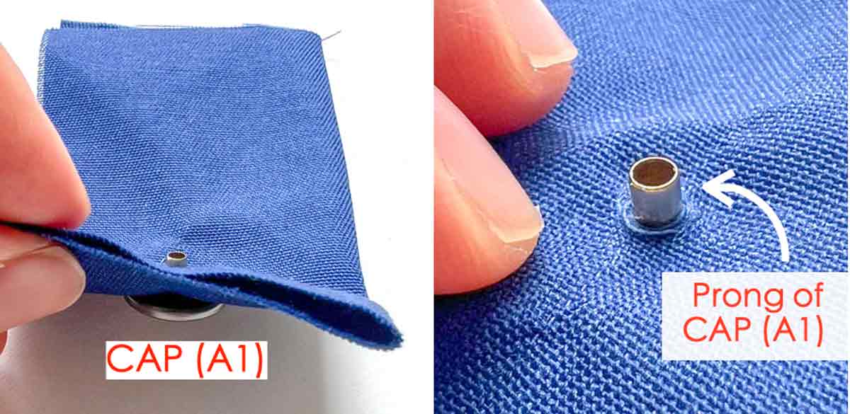 Step-by-step snap fastener installation tutorial - inserting cap prong through fabric