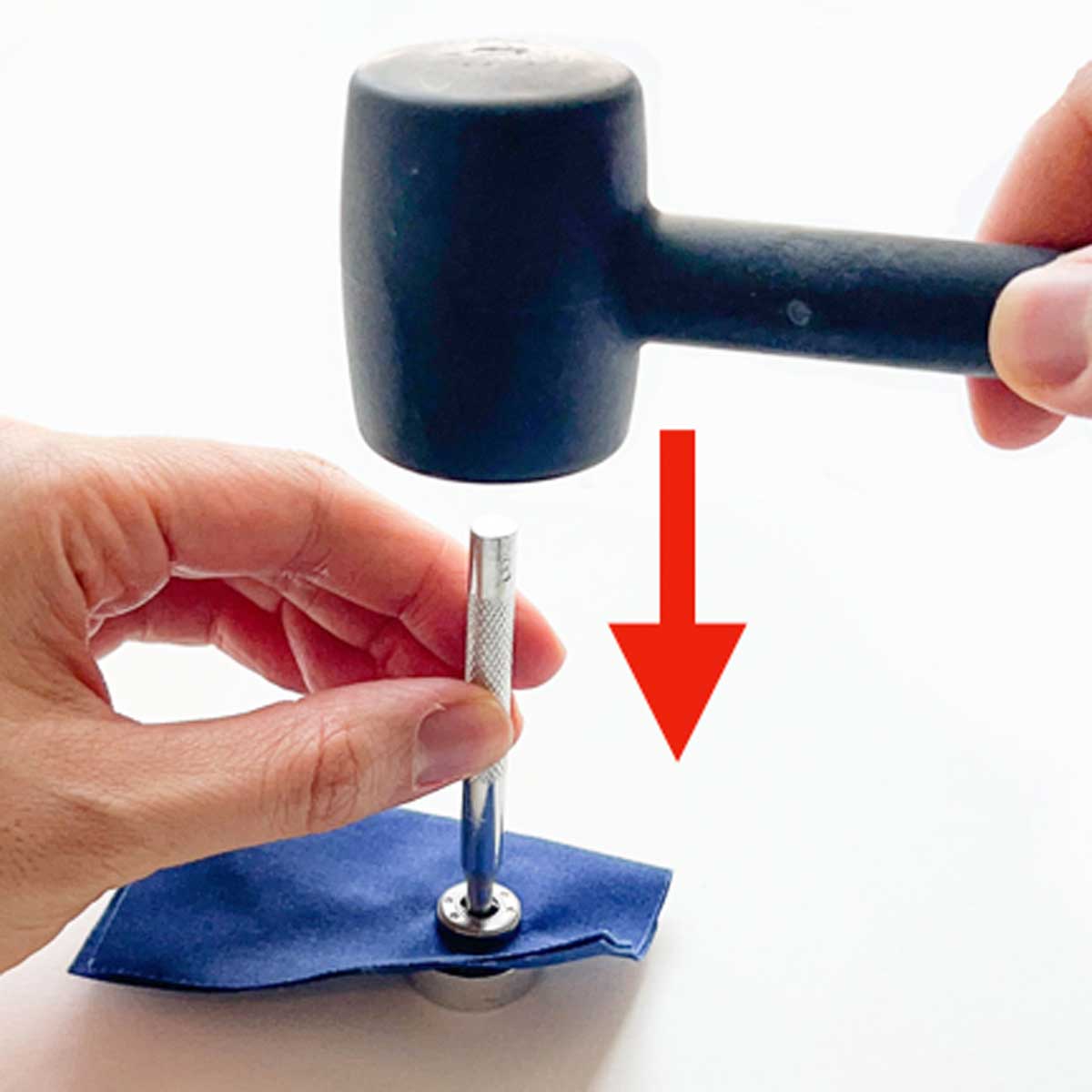 Step-by-step snap fastener installation tutorial - hammering snap stud to fabric