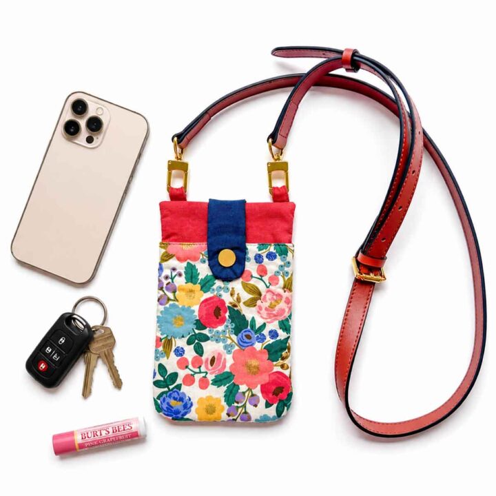 crossbody cell phone bag with phone, keys, and chapstick