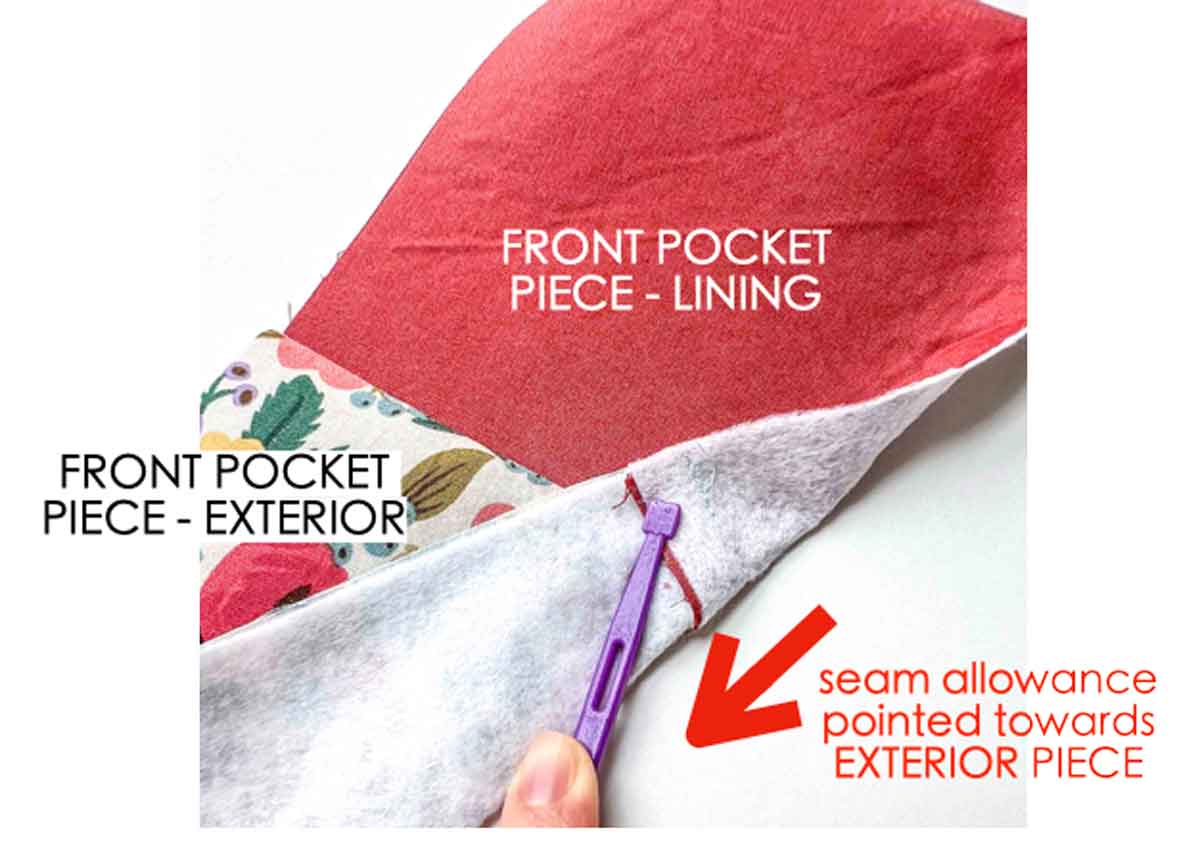 leaning seam allowance towards exterior pocket piece.