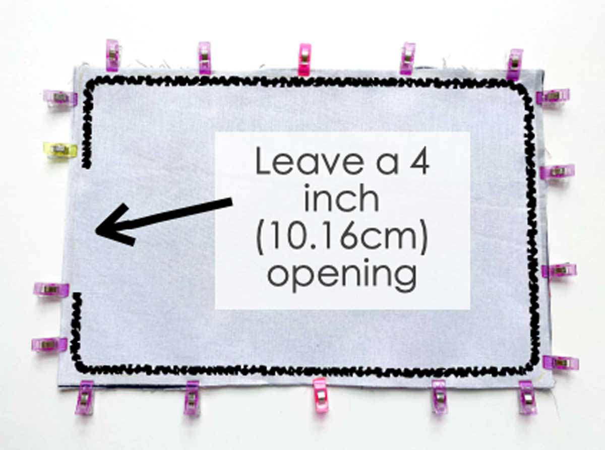 Sewing composition notebook cover all together, indicated by black line, with a 4 inch opening on the side. 