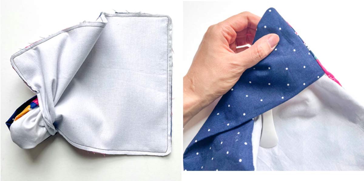turning composition notebook cover to right side through opening, and using point turner to poke out rounded corners. 