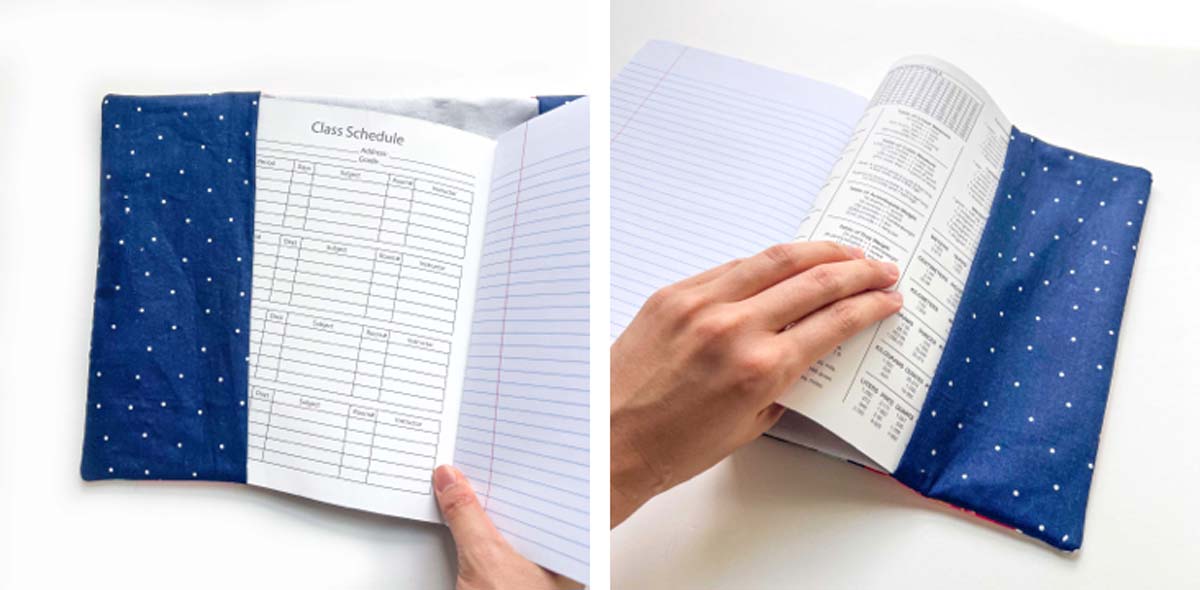 tucking composition book cover into each of the inner flaps
