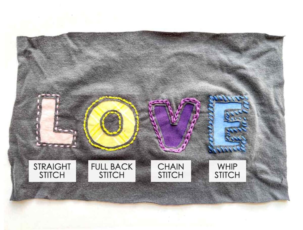 sample reverse applique design with 4 different embroidery stitches: straight stitch, full back stitch, chain stitch, and whip stitch