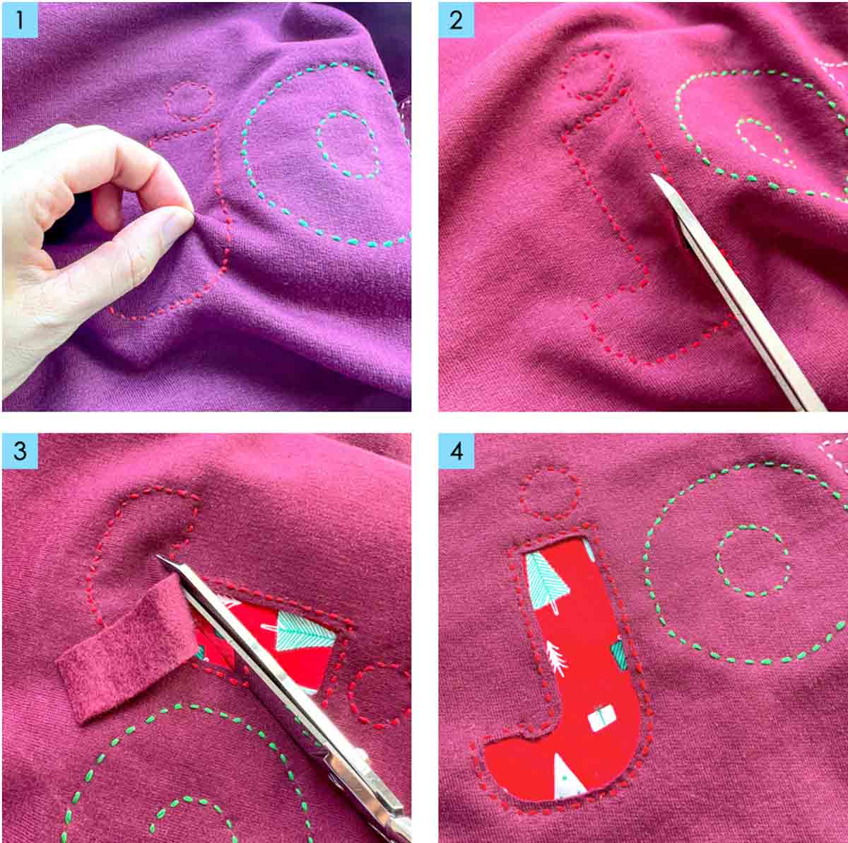 Carefully cutting away sweatshirt fabric around stitched reverse appliqué