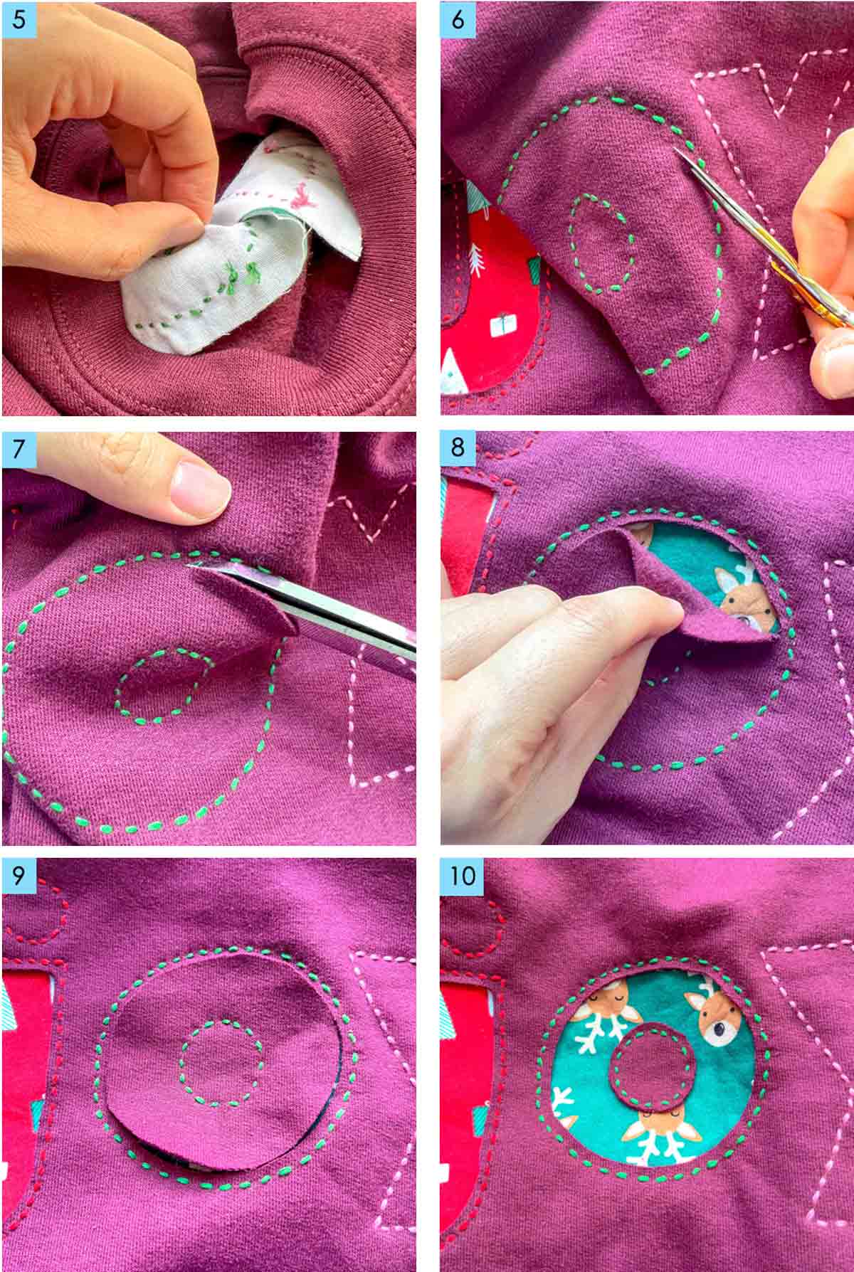 Carefully cutting away sweatshirt fabric around stitched reverse appliqué