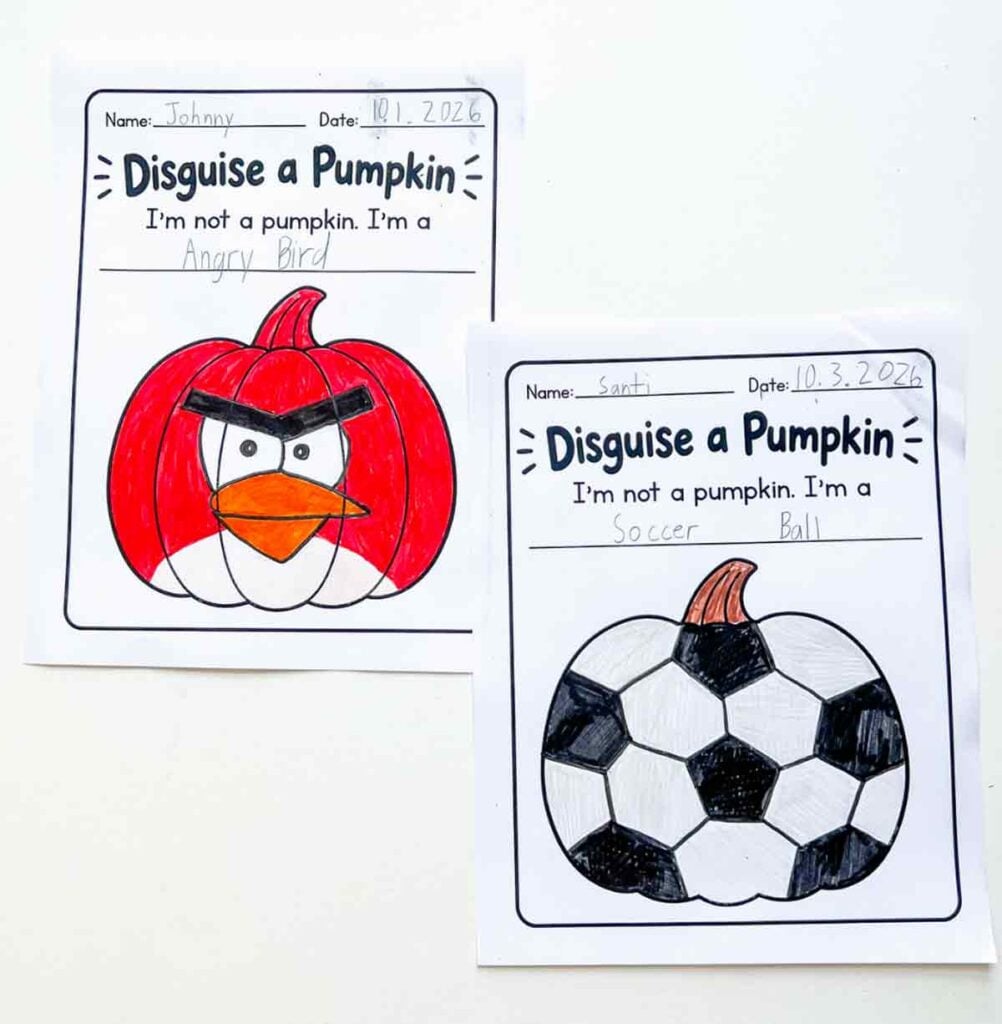 two disguise a pumpkin worksheet for kids. Left pumpkin is disguised as an angry bird. Right pumpkin is disguised as a soccer ball