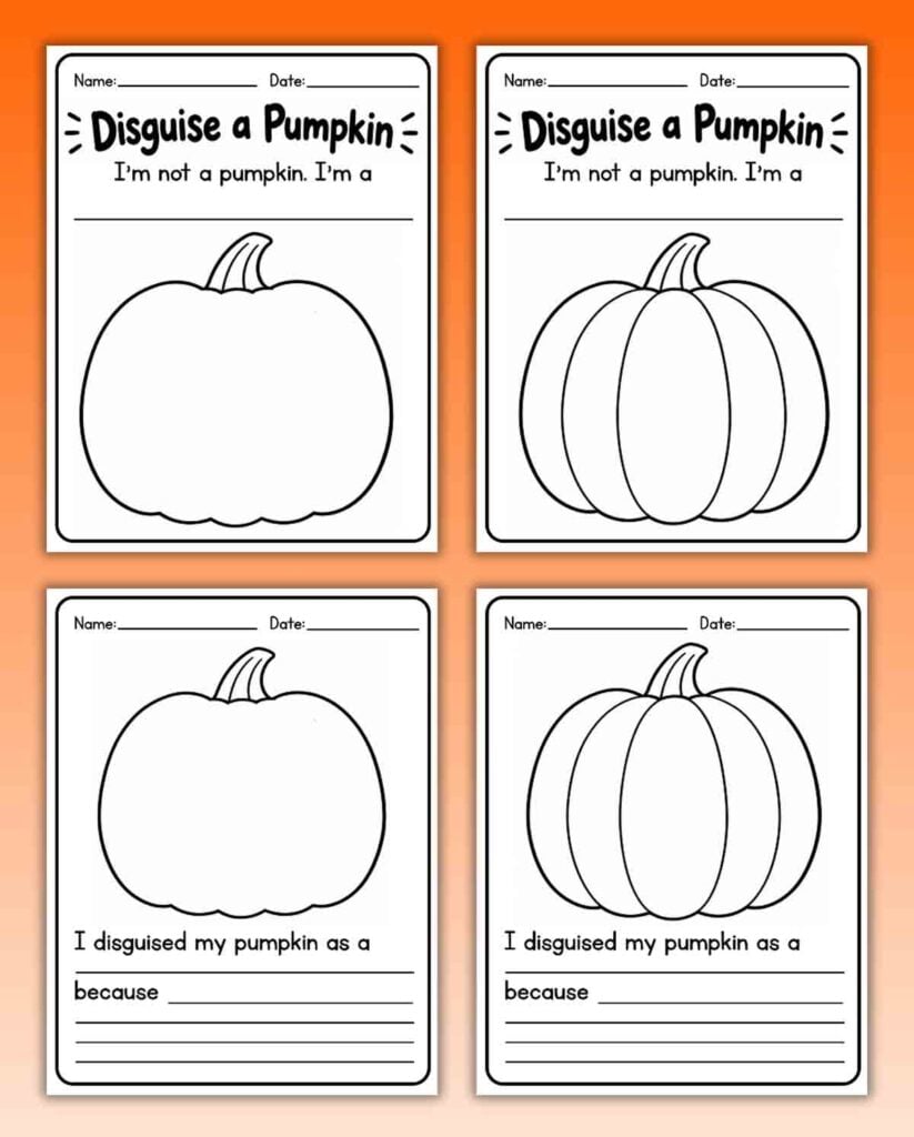 4 different variations of blank disguise a pumpkin worksheet for kids. 