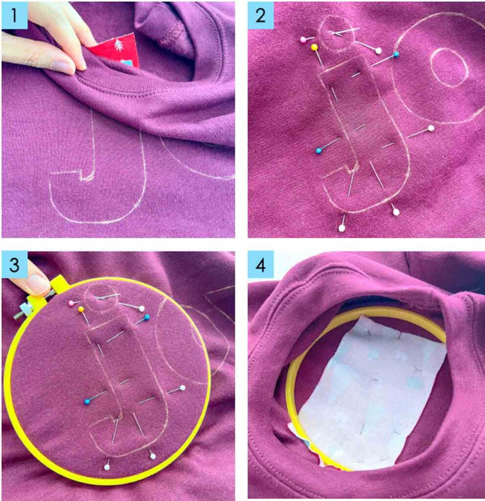 Contrasting fabric positioned and pinned behind the sweatshirt for reverse appliqué