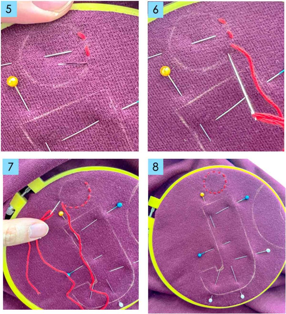Sewing around a reverse appliqué design on sweatshirt fabric