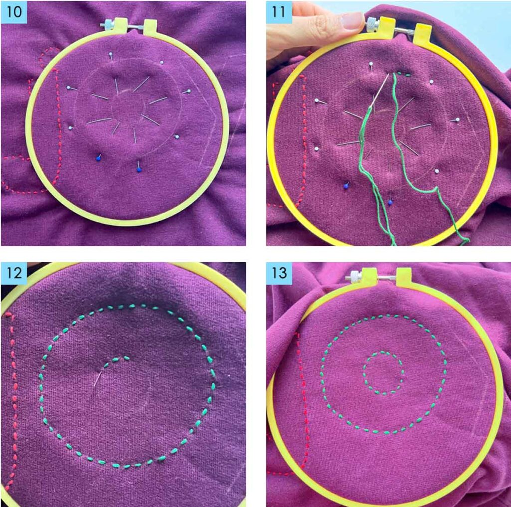 Sewing around a reverse appliqué design on sweatshirt fabric