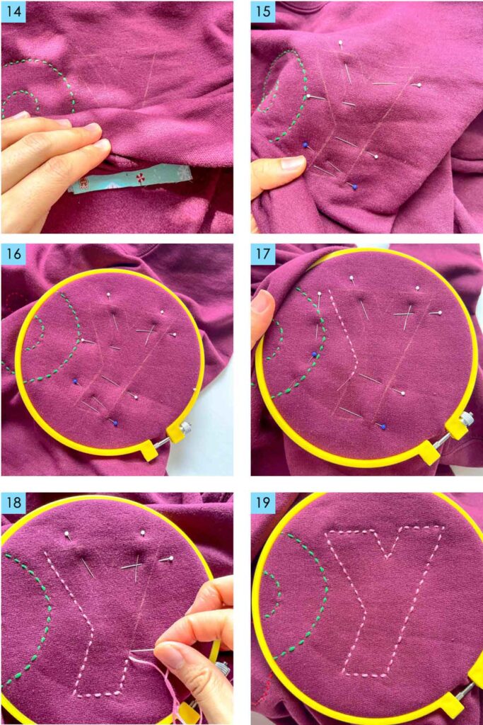 Sewing around a reverse appliqué design on sweatshirt fabric