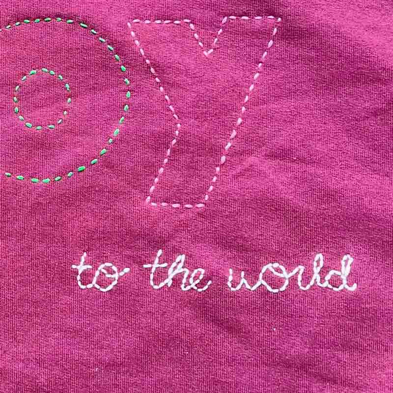 text 'to the world' completed using back stitch embroidery. 